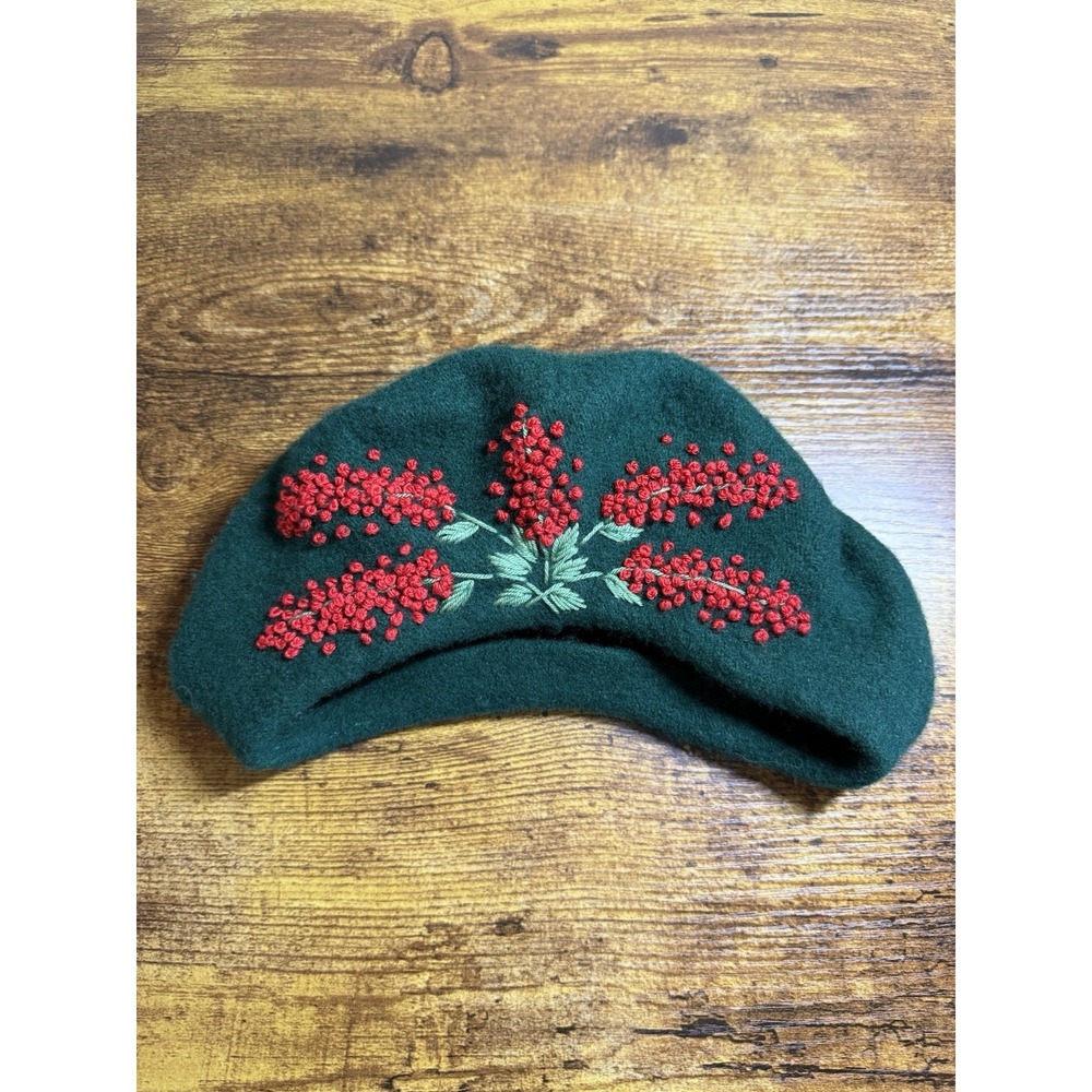 Hand-embroidered green wool beret with Delicate Red Berries And Green Leaves